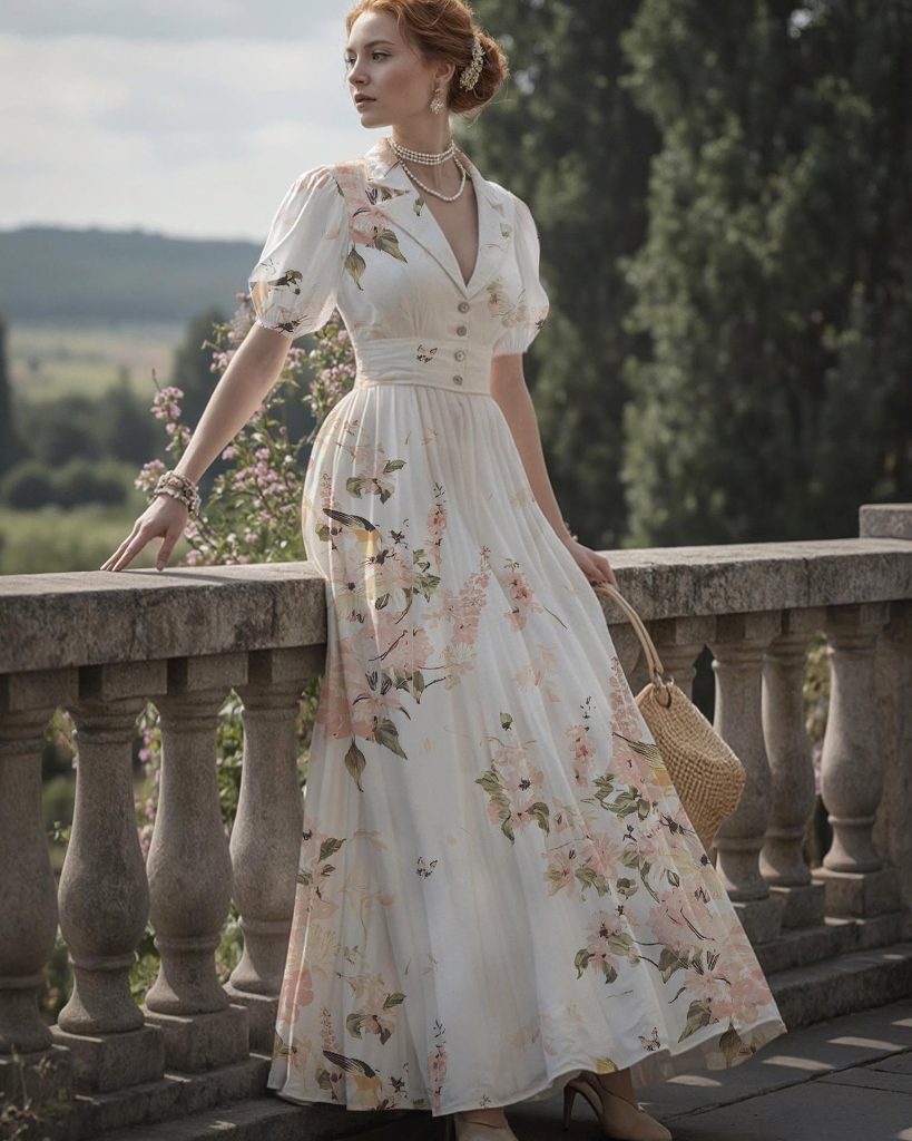 White Botanical Maxi Dress + Woven Straw Bag