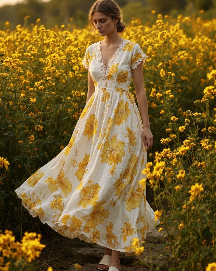 White Floral Maxi Dress + Lace Trim + Tan Sandals