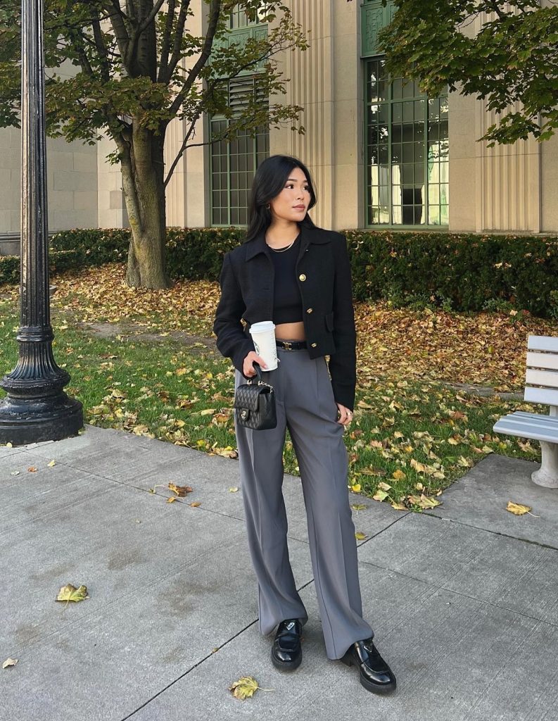 Black Cropped Jacket + Grey Wide-Leg Trousers + Platform Loafers