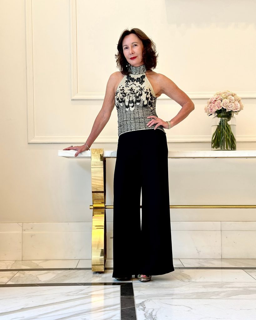 Monochrome Embellished Halter Top + Black Wide-Leg Trousers + Platform Sandals