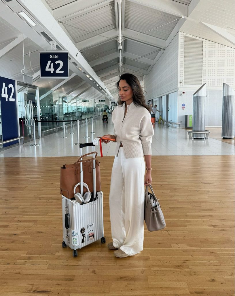 Oatmeal Zip-Up Knit + White Wide-Leg Trousers + Tan Loafers