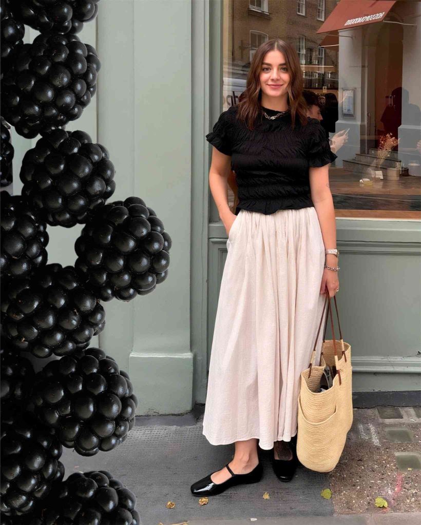 The Smocked Puff-Sleeve Top + Linen Maxi Skirt + Mary Janes