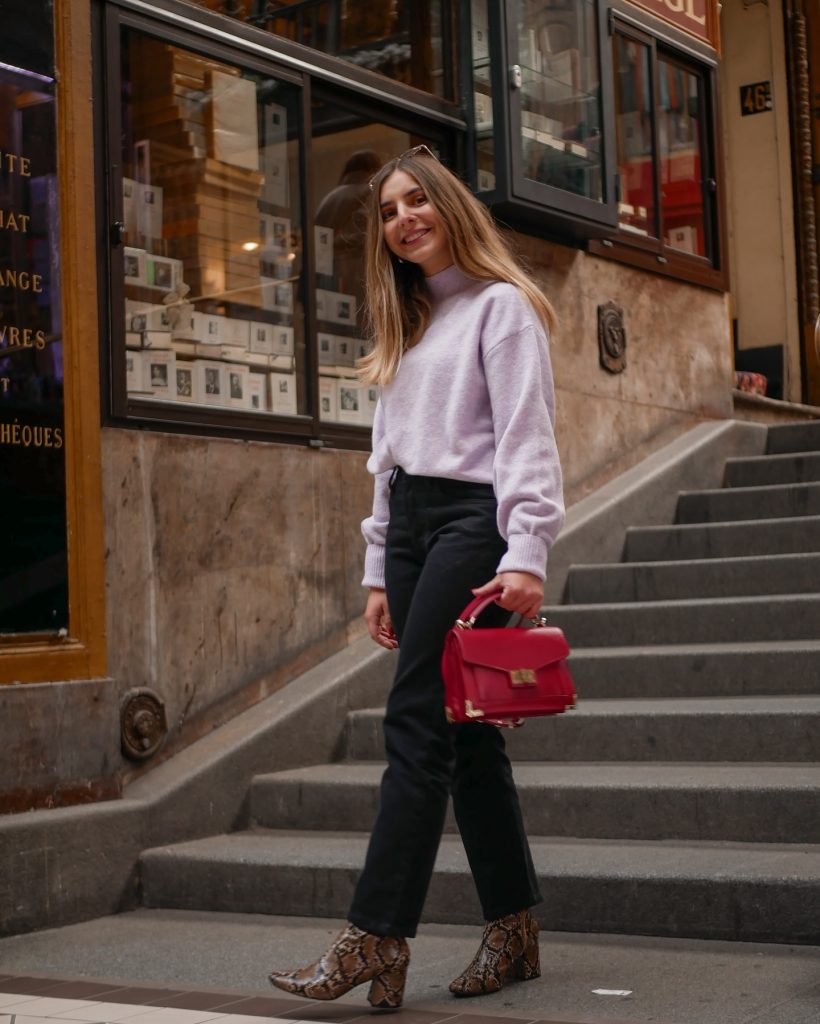  Lavender Mock-Neck Sweater + Black Straight Jeans + Snakeskin Boots