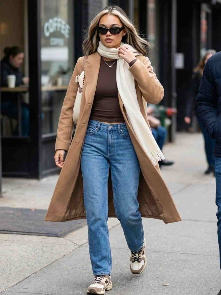The Camel Overcoat + Straight Leg Jeans + Chunky Sneakers