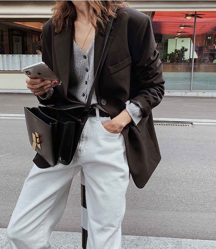 The Oversized Blazer + Cardigan + White Trousers