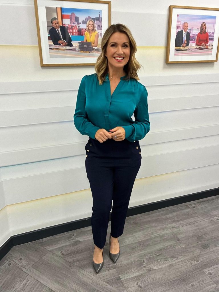 Teal Satin Blouse + Navy Tapered Trousers + Pointed Heels