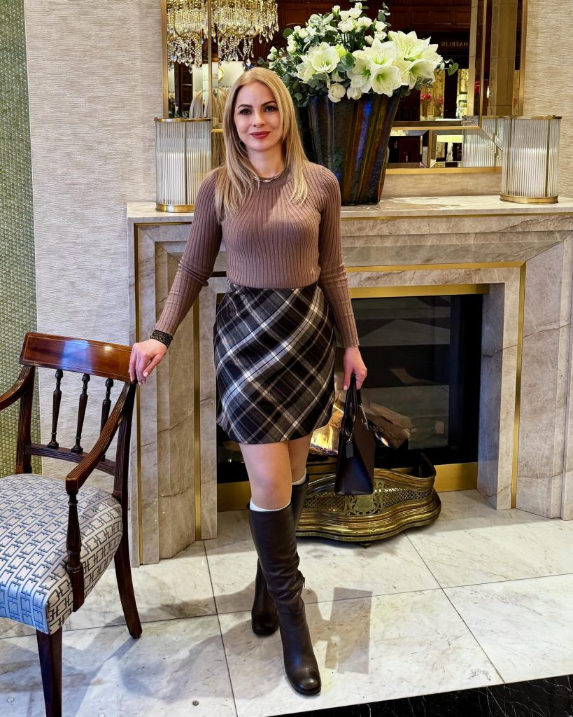 Brown Plaid Skirt + Taupe Ribbed Sweater + Dark Brown Boots