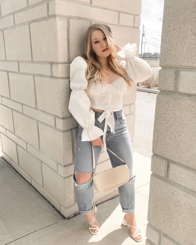 White Puff-sleeve Blouse + Distressed Blue Jeans + White Heeled Sandals