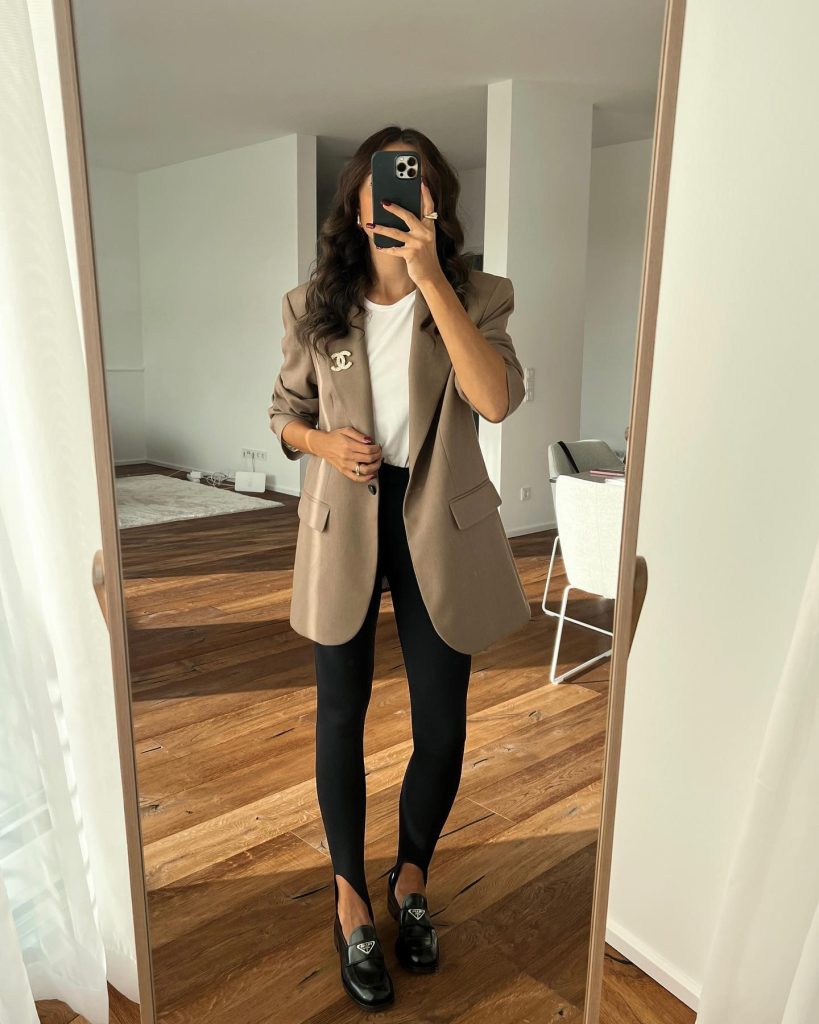 Tan Oversized Blazer + White Basic Tee + Black Stirrup Leggings