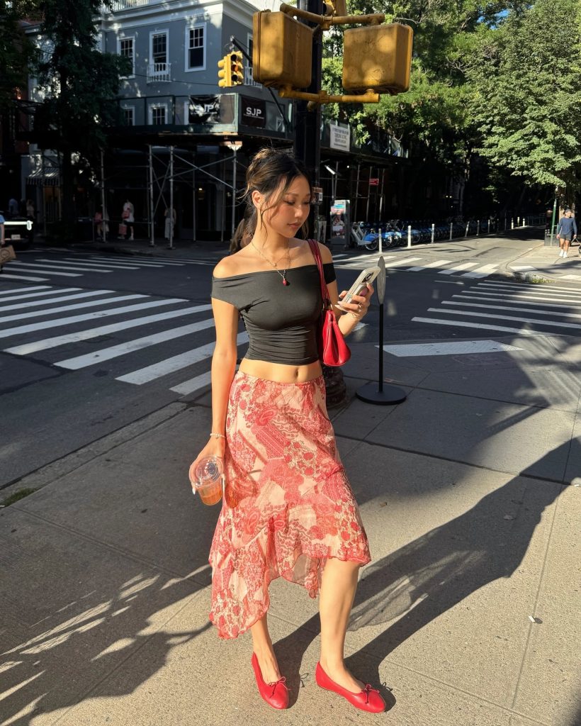 Black Off-The-Shoulder Top + Red Paisley Maxi Skirt