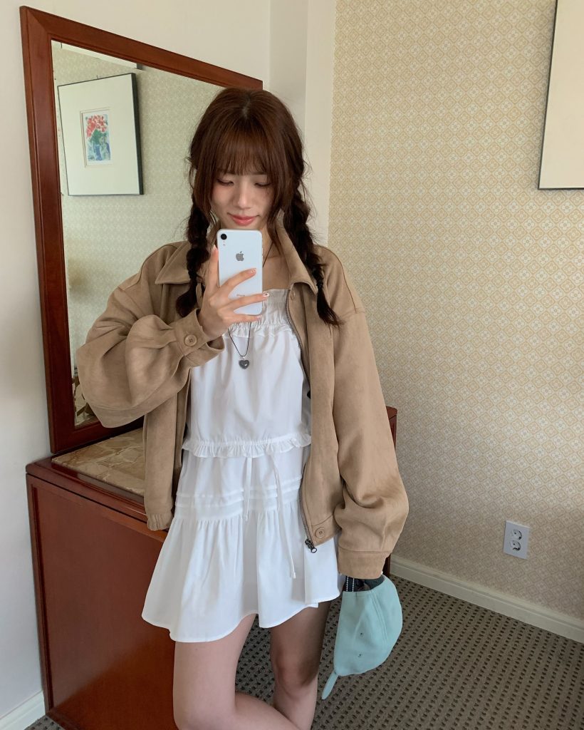 Tan Bomber Jacket + White Ruffle Dress + Mint Cap