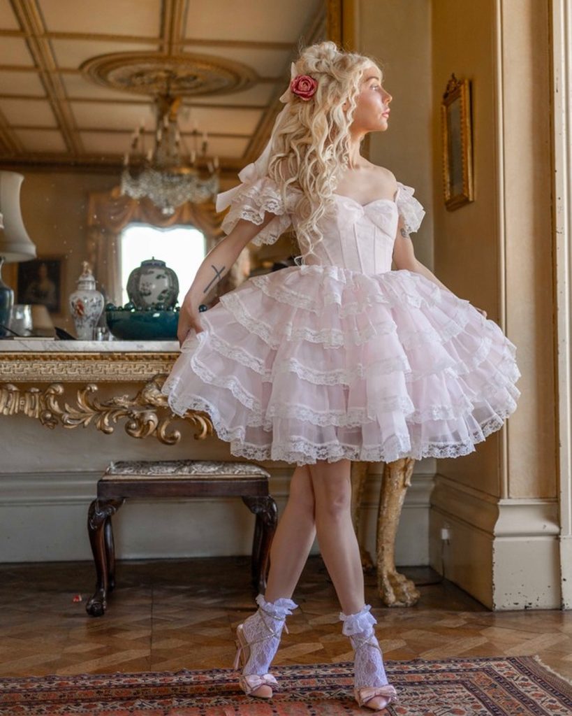 Pink Lace Ruffle Dress + White Lace Socks + Pink Bow Heels