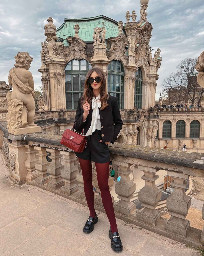 The Cropped Blazer + Bow Blouse + Burgundy Tights