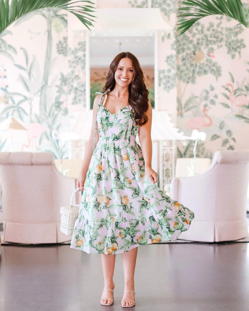 Fruit Print Midi Dress + Bow Straps + Woven Bag