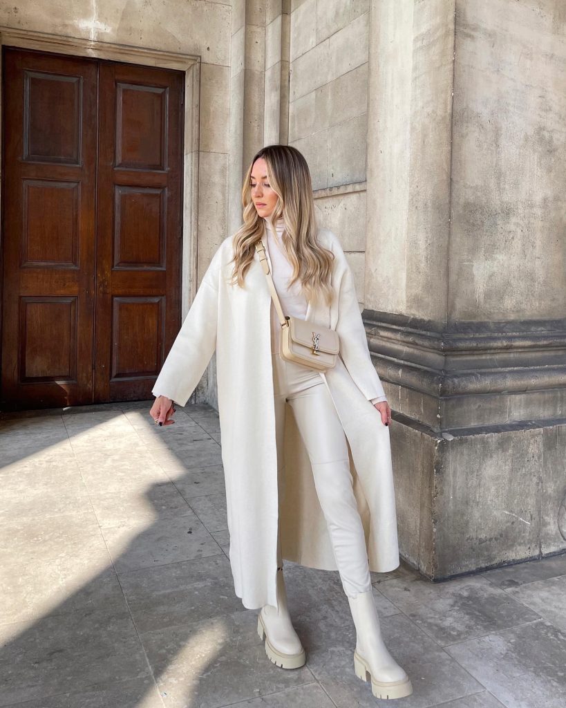 Off-White Long Coat + Cream Turtleneck + Cream Leather Trousers