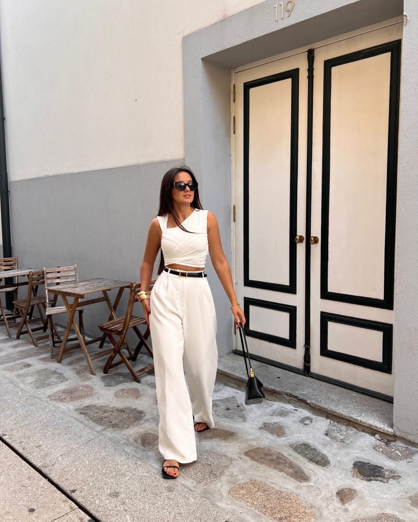 White Wrap Crop Top + Tailored Wide-Leg Pants + Black Strappy Sandals