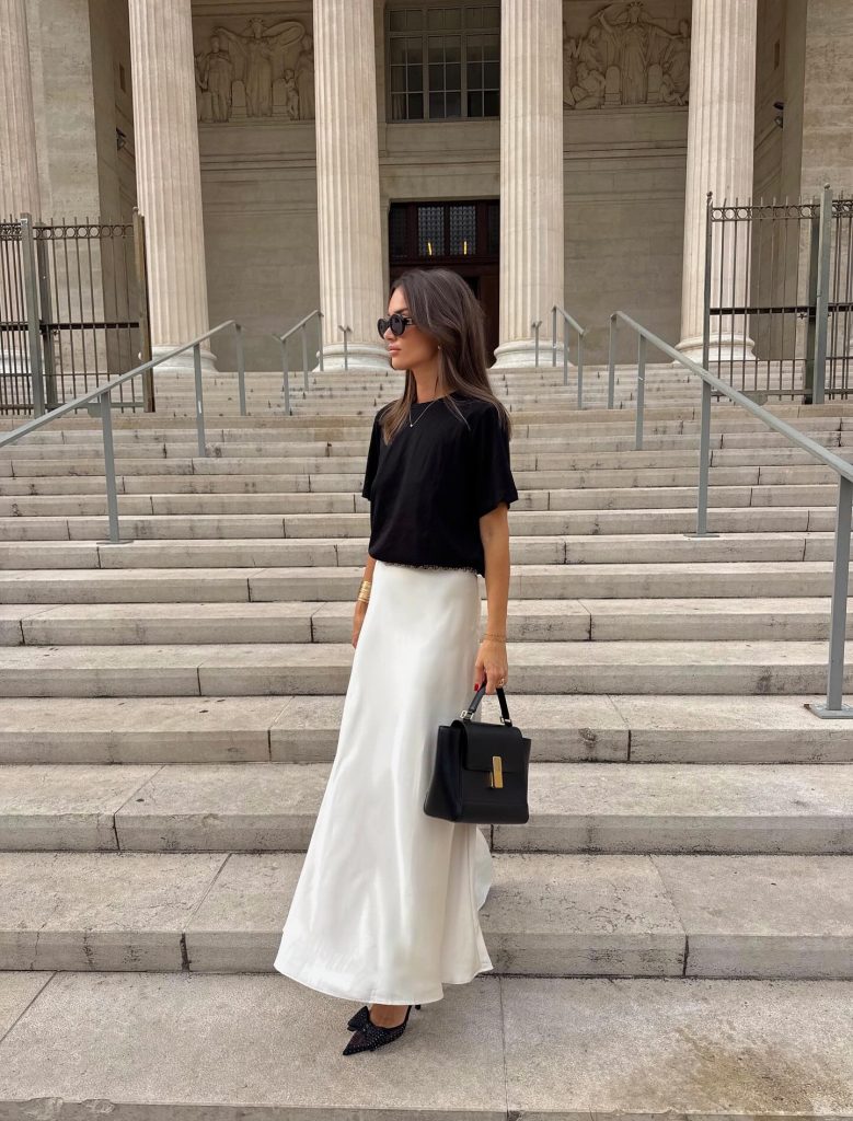Black Short-Sleeve Top + White Satin Maxi Skirt