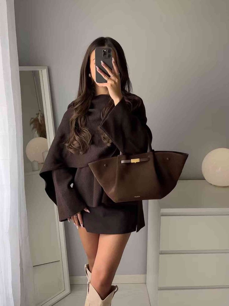  The Oversized Cape Coat + Mini Dress + Suede Tote