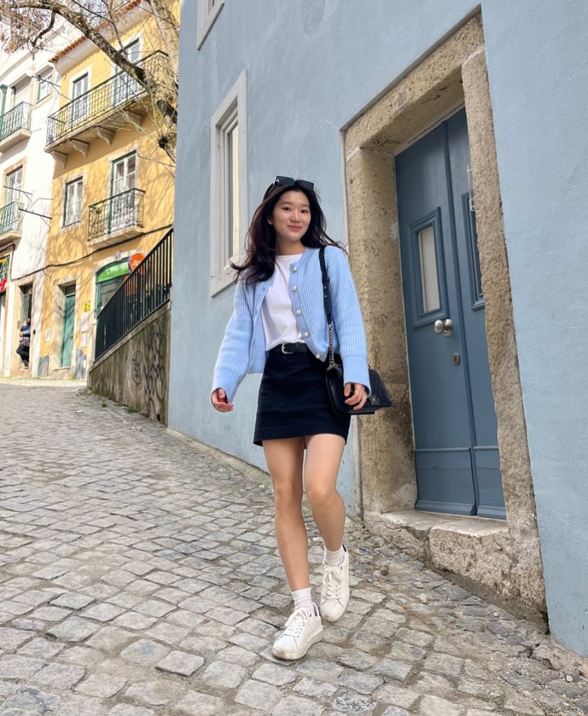 Baby Blue Cardigan + White T-Shirt + Black Mini Skirt