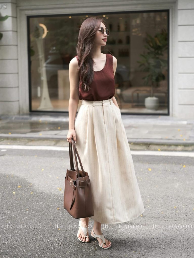Cream Pinstripe Maxi Skirt + Rust Satin Tank + Brown Leather Tote