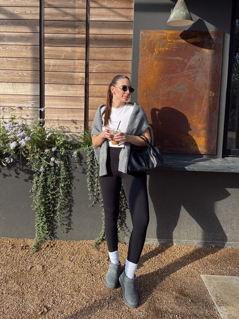 White T-Shirt + Gray Shoulder Sweater + High-Waisted Leggings