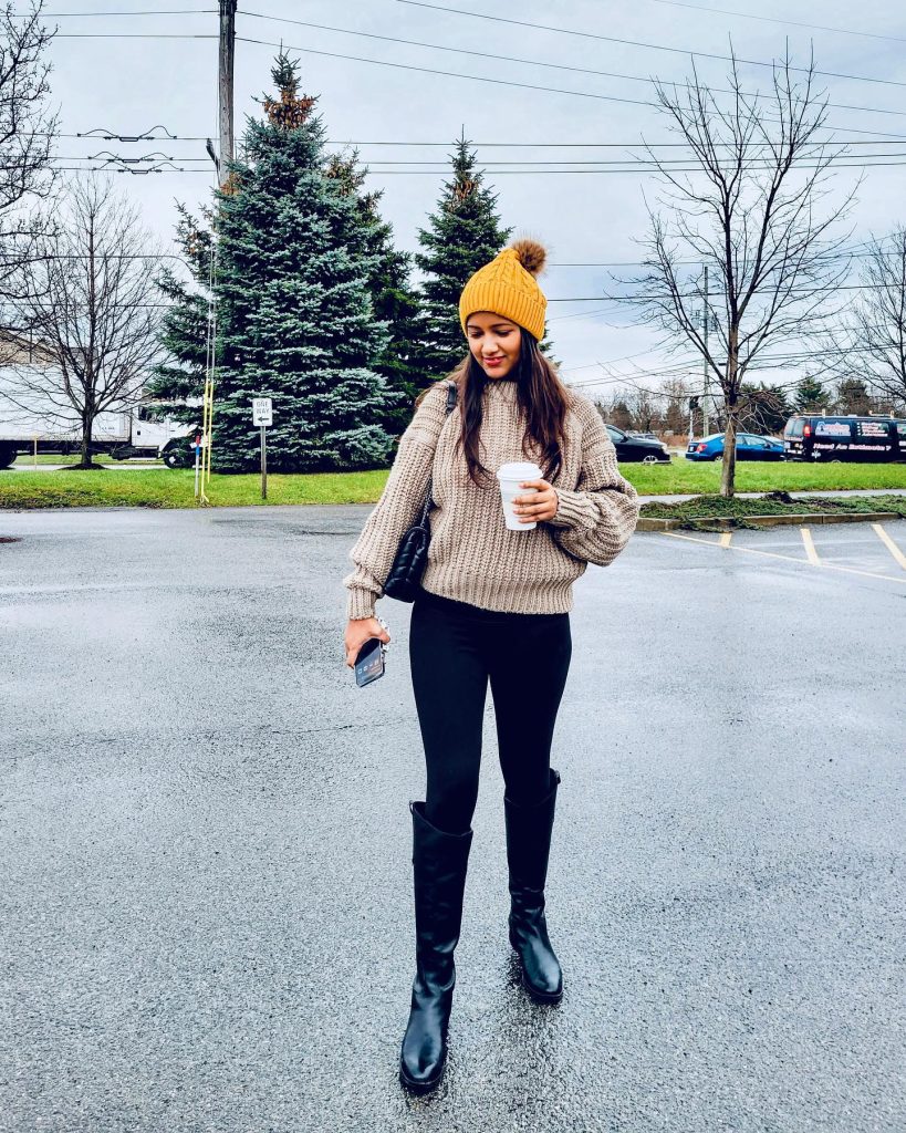 The Chunky Knit Sweater + Pom-Pom Beanie + Tall Riding Boots