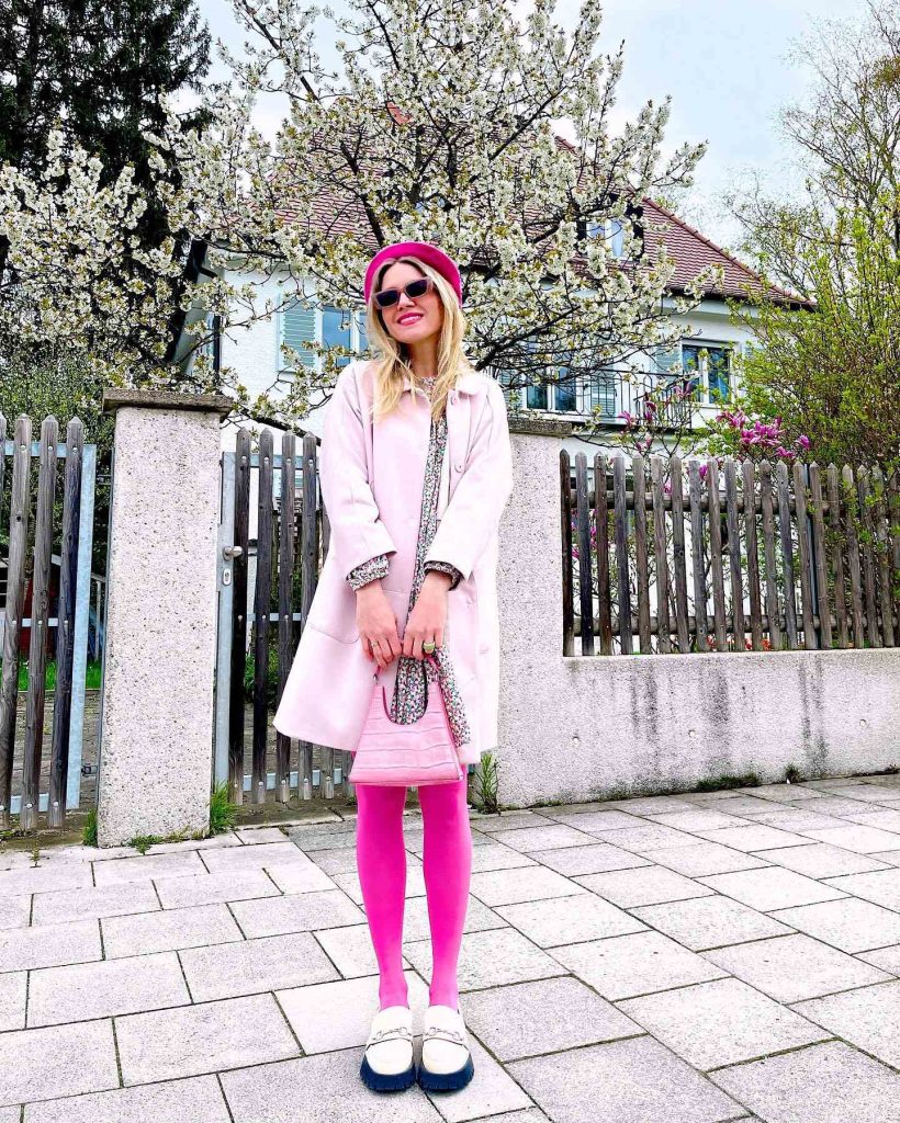 The Pink Overcoat + Floral Mini + Bright Tights