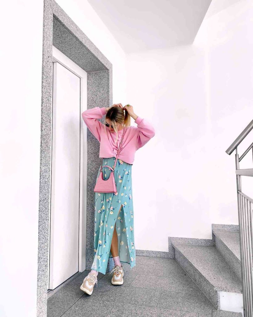 The Twisted Crop Sweatshirt + Floral Slit Maxi Skirt + Chunky Sneakers