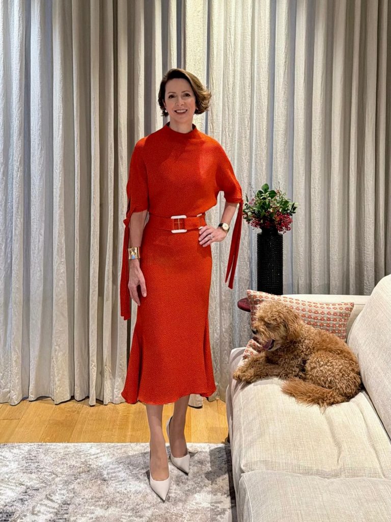 Orange Midi Dress + Wide Belt + Pointed Pumps