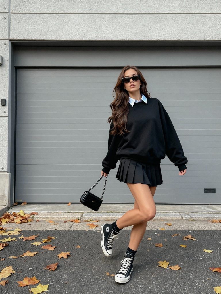 Black Pleated Mini Skirt + Black Oversized Sweatshirt + Canvas High-Tops