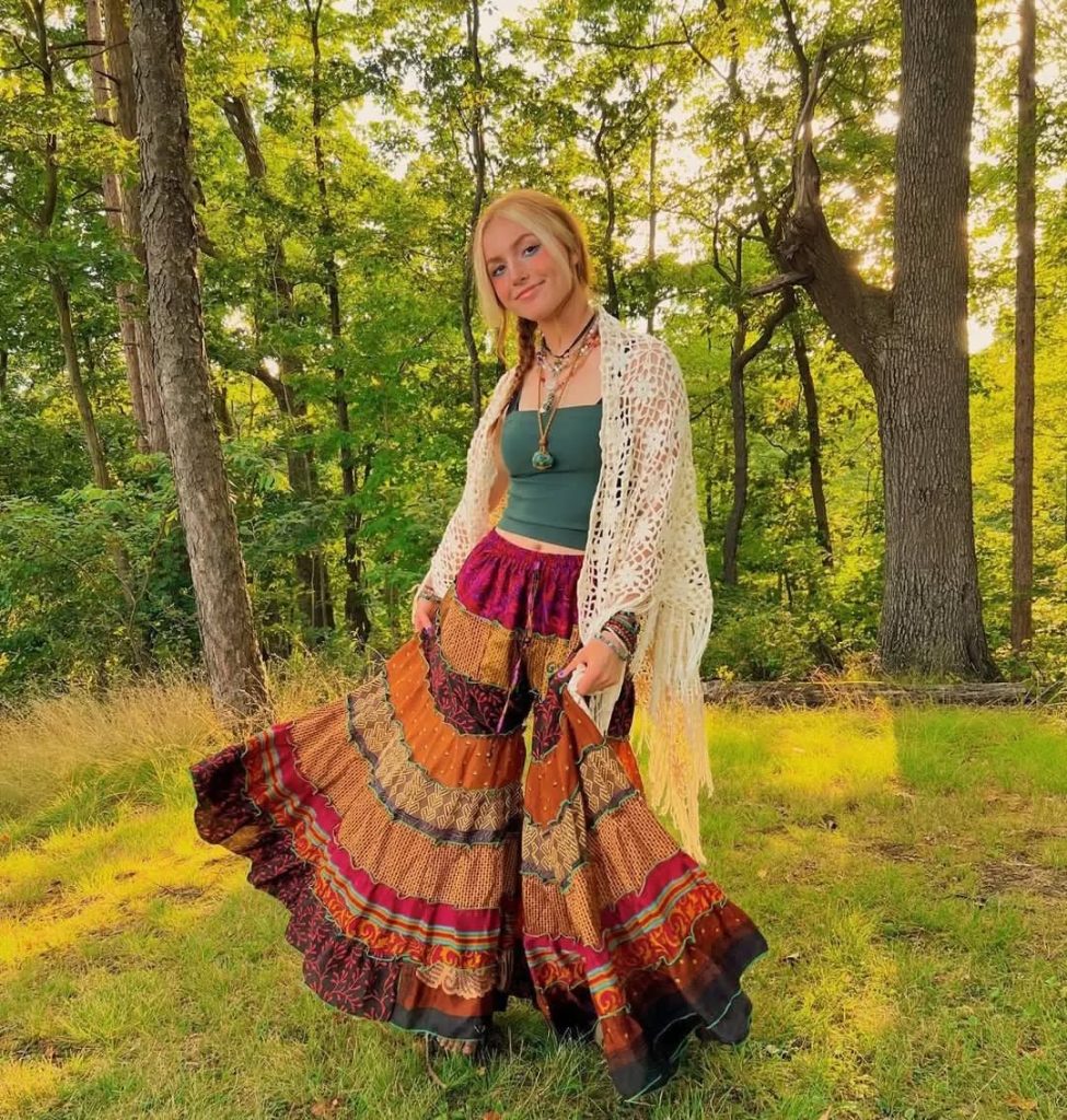The Crochet Shawl + Layered Patchwork Skirt + Earthy Jewelry