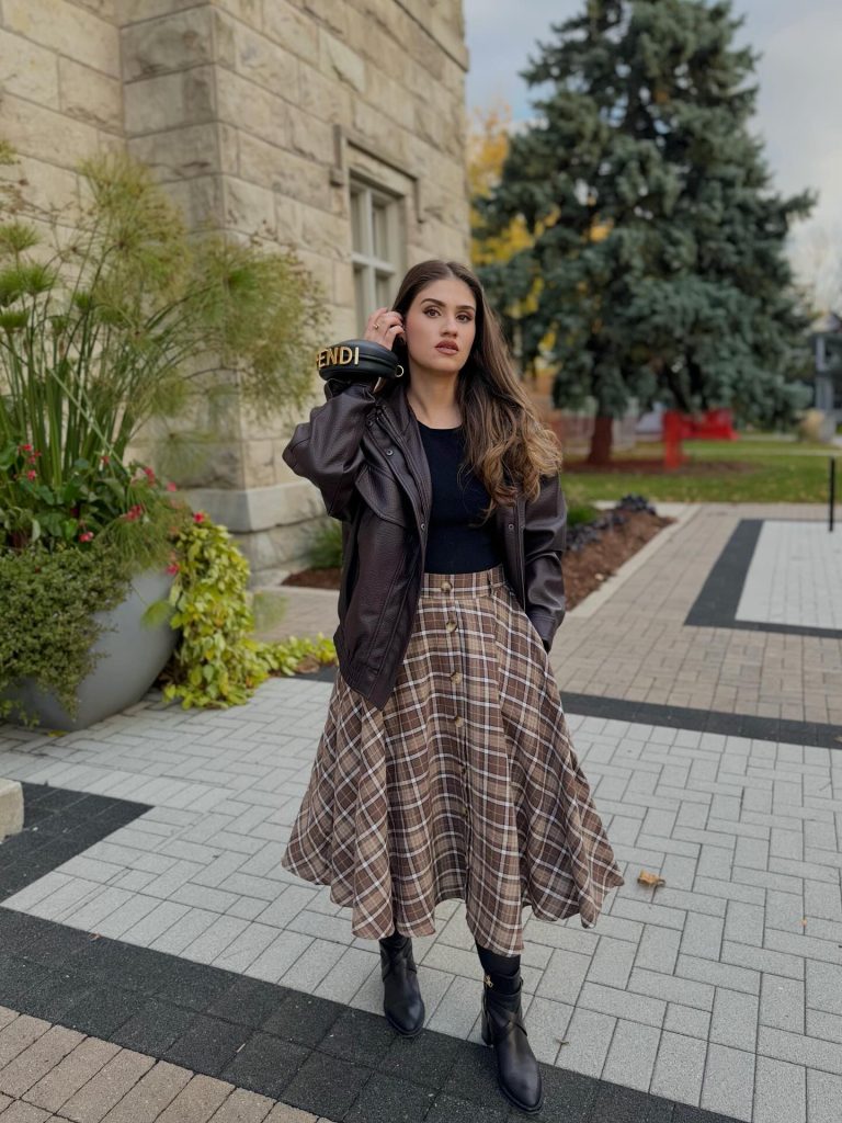 Brown Plaid Midi Skirt + Dark Brown Leather Jacket + Black Ankle Boots