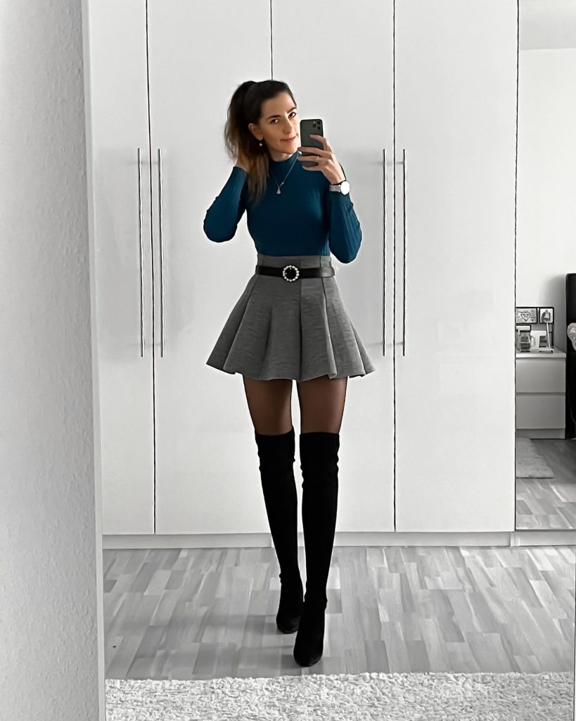 Teal Turtleneck + Grey Pleated Skirt + Over-the-Knee Boots
