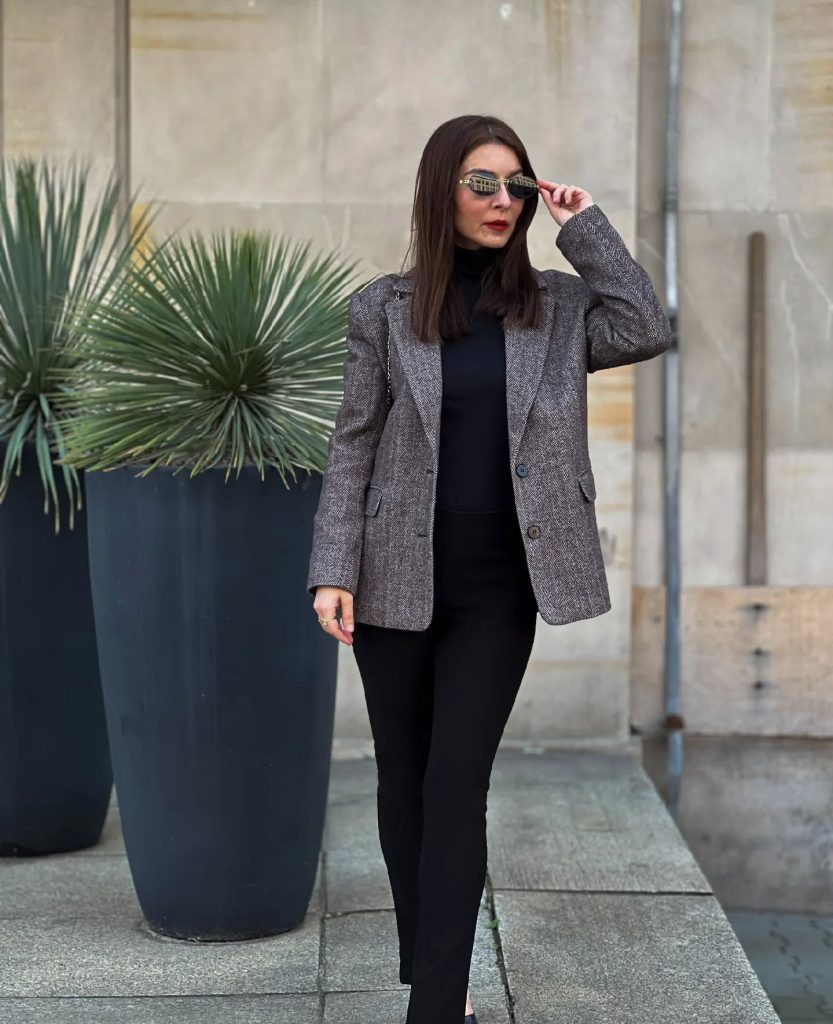 Herringbone Blazer + Black Turtleneck + Black Slim Trousers