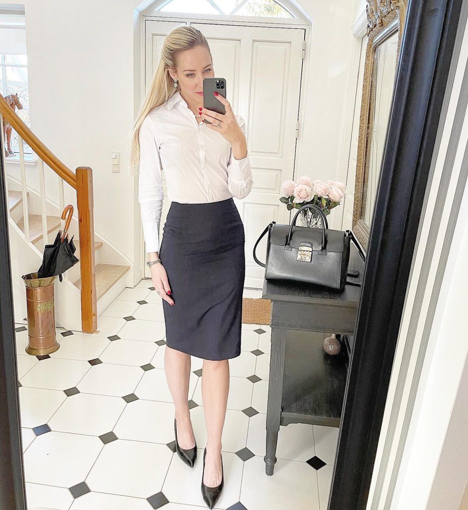 White Button-Down Shirt + Navy Pencil Skirt + Black Pointed Pumps