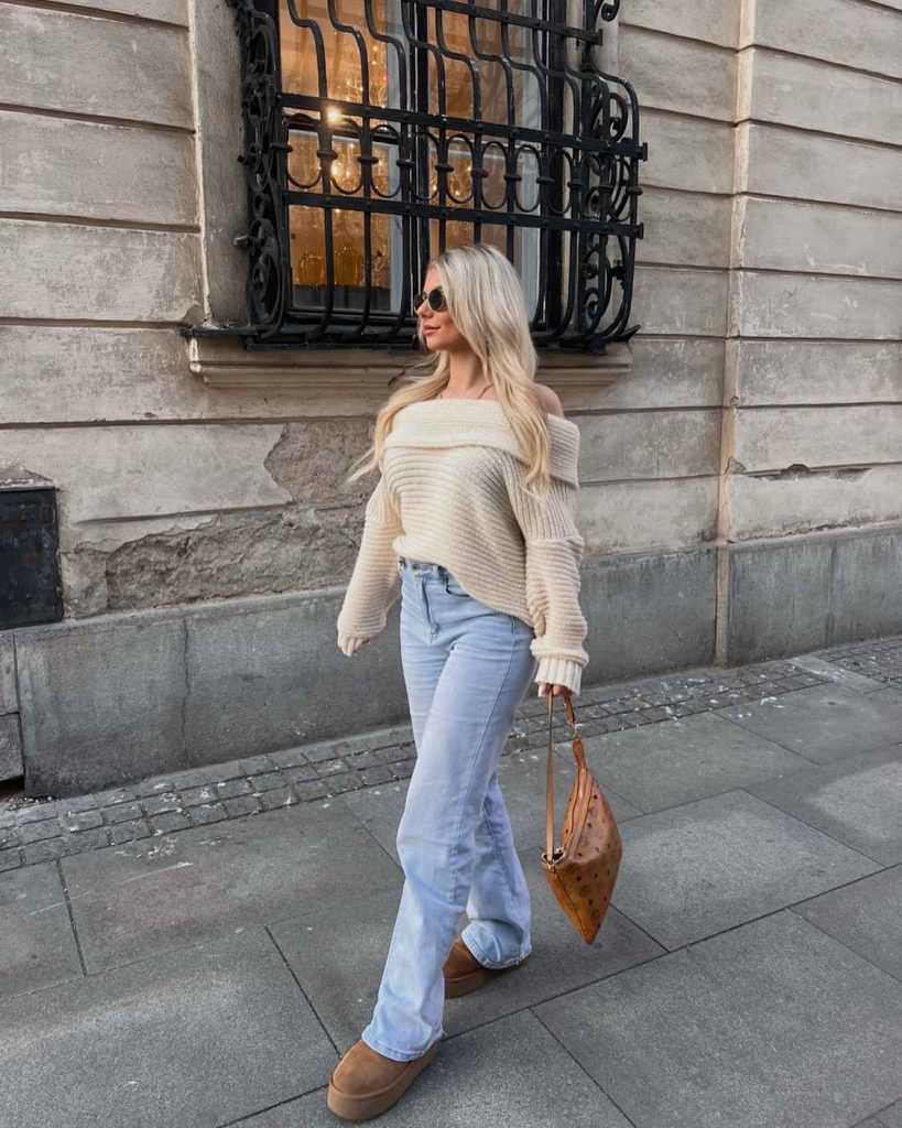 The Off-the-Shoulder Knit + Light Wash Jeans + Platform Boots