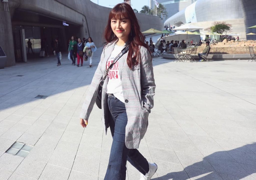 Grey Plaid Blazer + Graphic Tee + Dark Wash Jeans