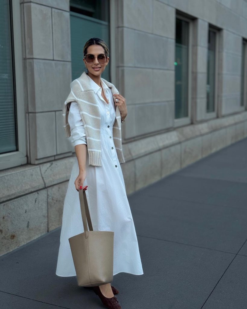 White Shirt Dress + Striped Sweater + Taupe Bucket Bag
