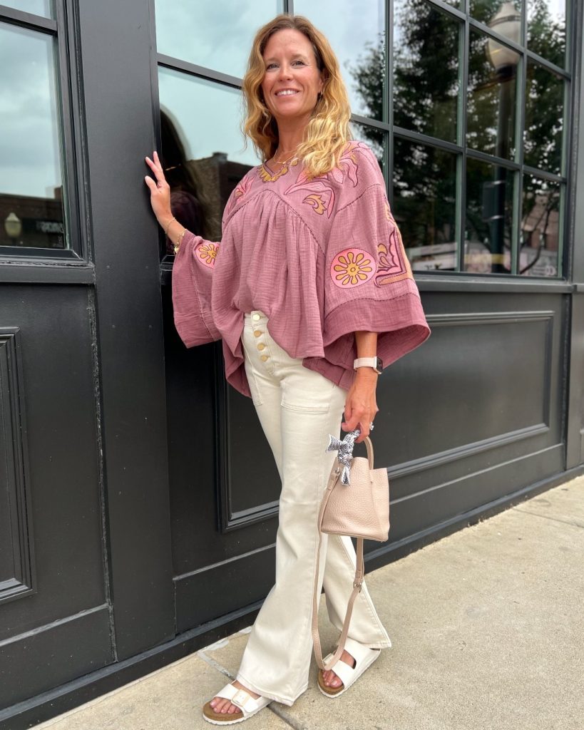 Dusty Rose Embroidered Blouse + Off-white Flare Jeans + White Sandals