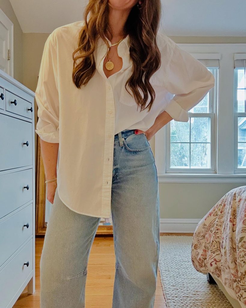 White Oversized Button-down + Gold Pendant + Light Wash Jeans