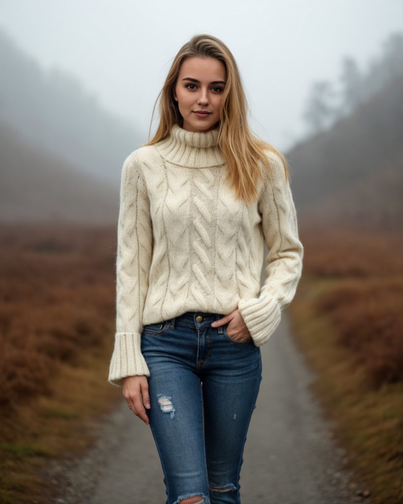 Cream Cable Knit Sweater + Distressed Skinny Jeans
