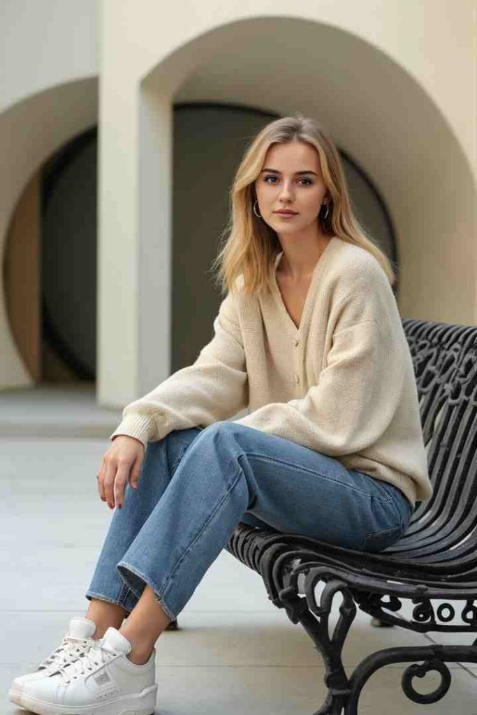  The Relaxed Cardigan + Straight-Leg Denim + White Sneakers