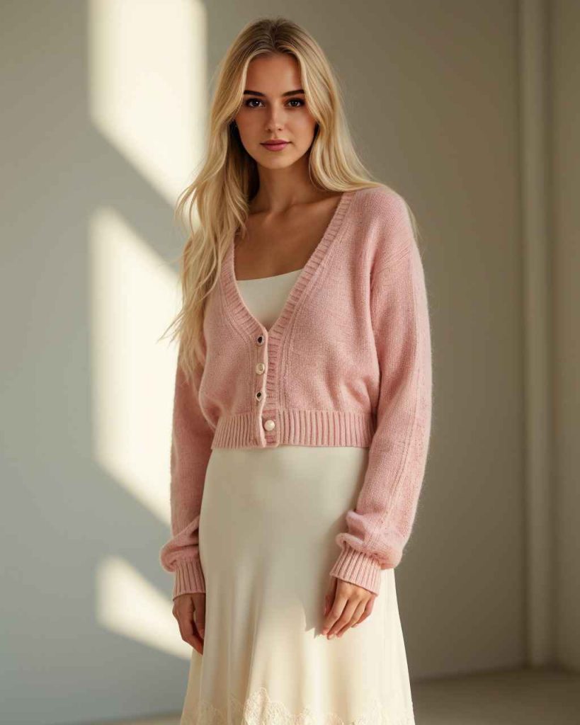 The Cropped Pastel Cardigan + Silk Slip Dress + Minimalist Jewelry