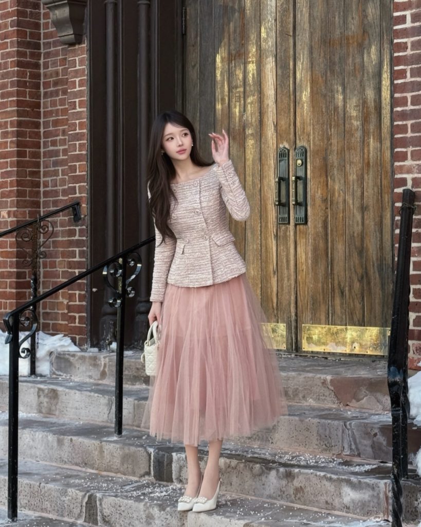  Beige Tweed Jacket + Pink Tulle Skirt + Pearl Pumps