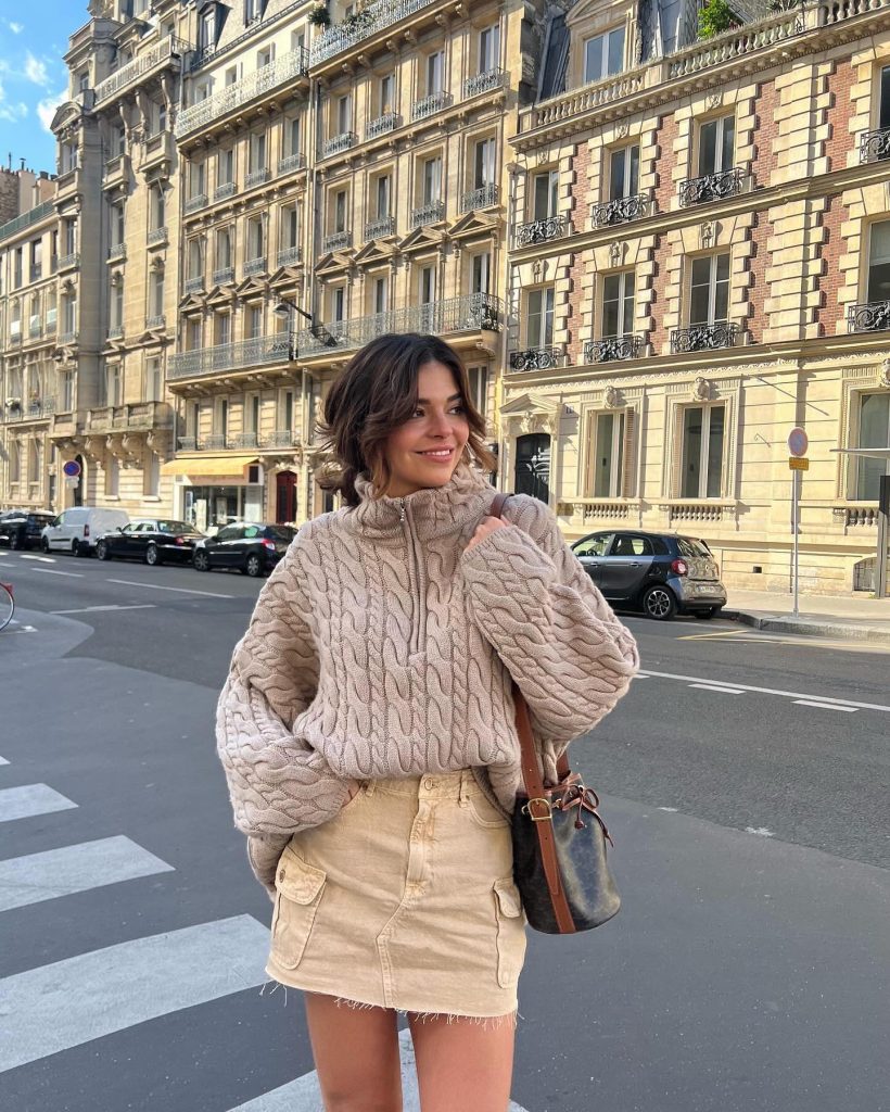  Taupe Quarter-Zip Cable Knit Sweater + Khaki Cargo Mini Skirt + Bucket Bag