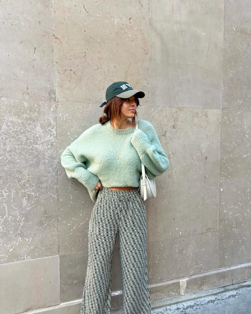 Mint Green Oversized Sweater + Geometric Pattern Flare Pants + Baseball Cap