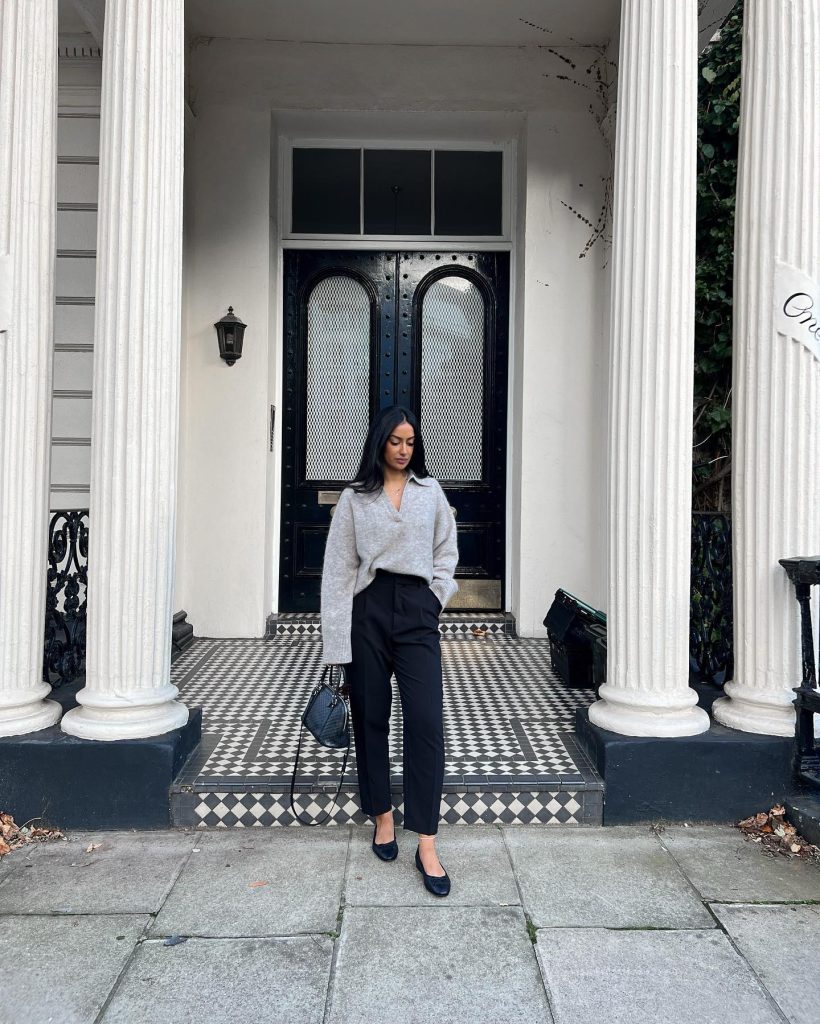 Grey V-neck Sweater + Black Trousers + Pointed Flats