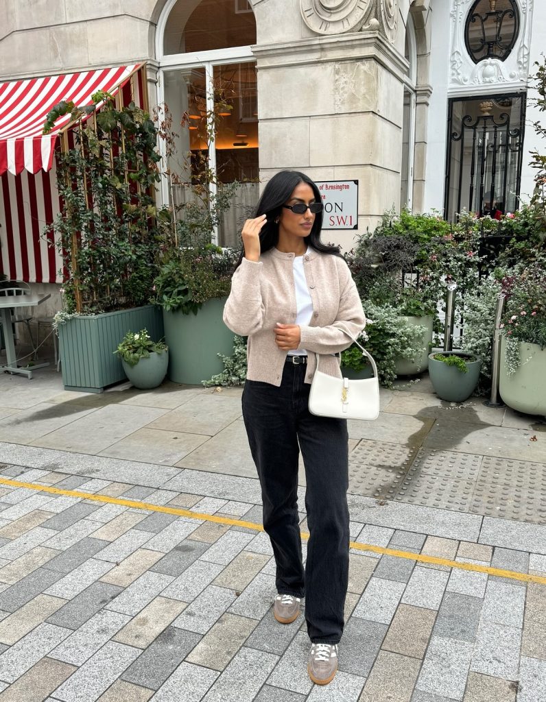 Oatmeal Cardigan + Black Straight-Leg Jeans + White Shoulder Bag
