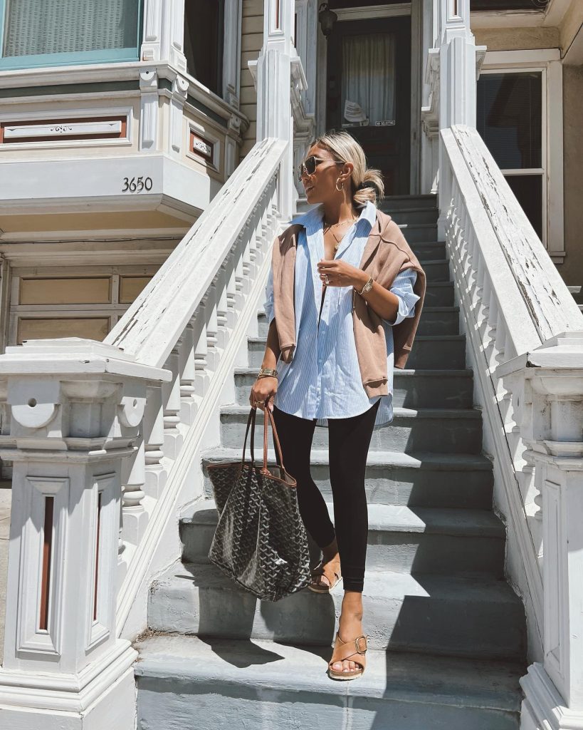 Blue Striped Button-down + Tan Sweater + Black Leggings
