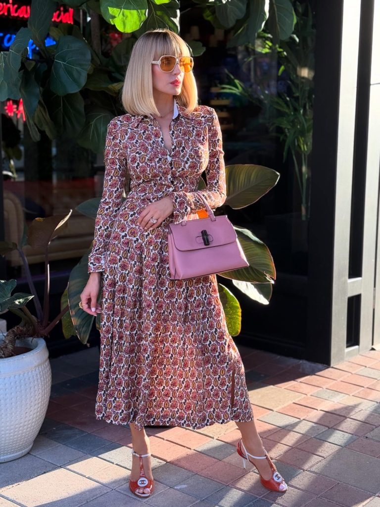 Patterned Maxi Dress + Pink Top-Handle Bag + T-Strap Heels